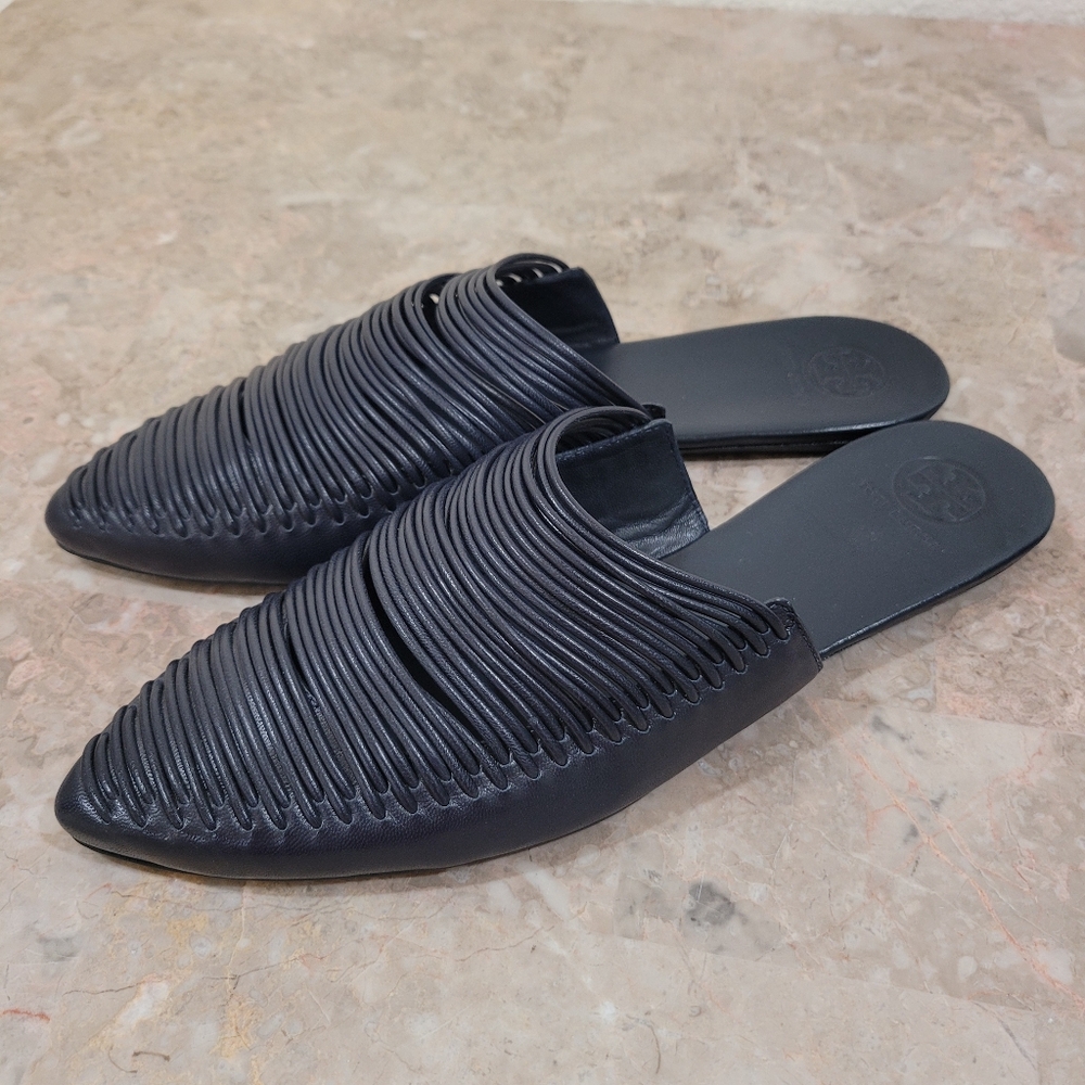 Tory Burch Navy Braided Leather Mule Flats